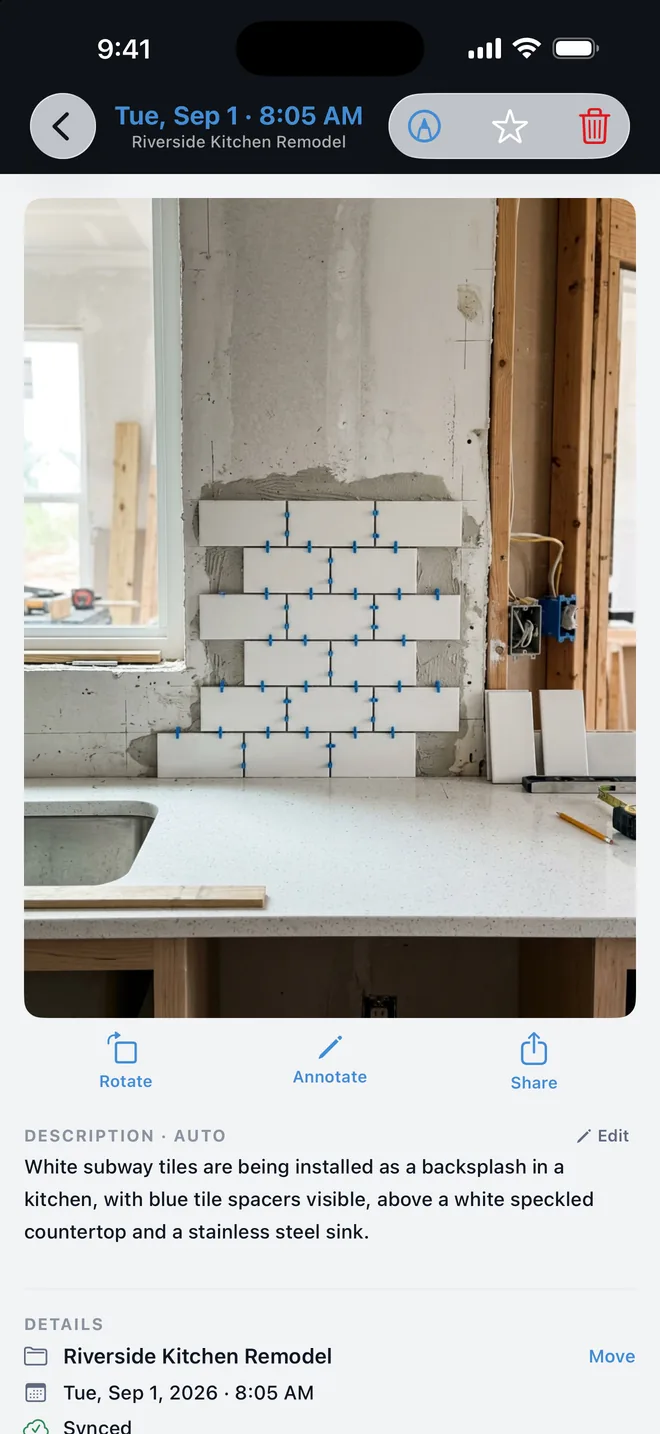 ProjectProof capture screen showing a backsplash photo with an AI-written description
