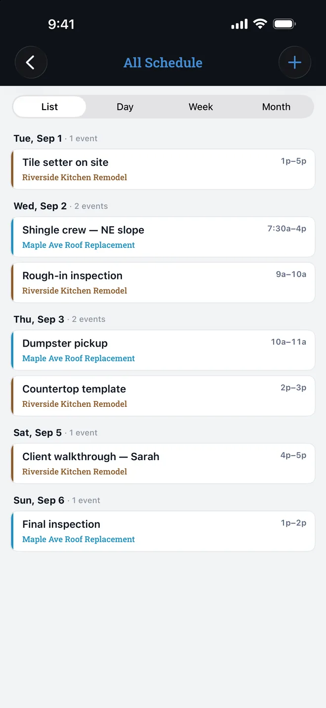 Schedule list of crew visits and inspections color-coded by project
