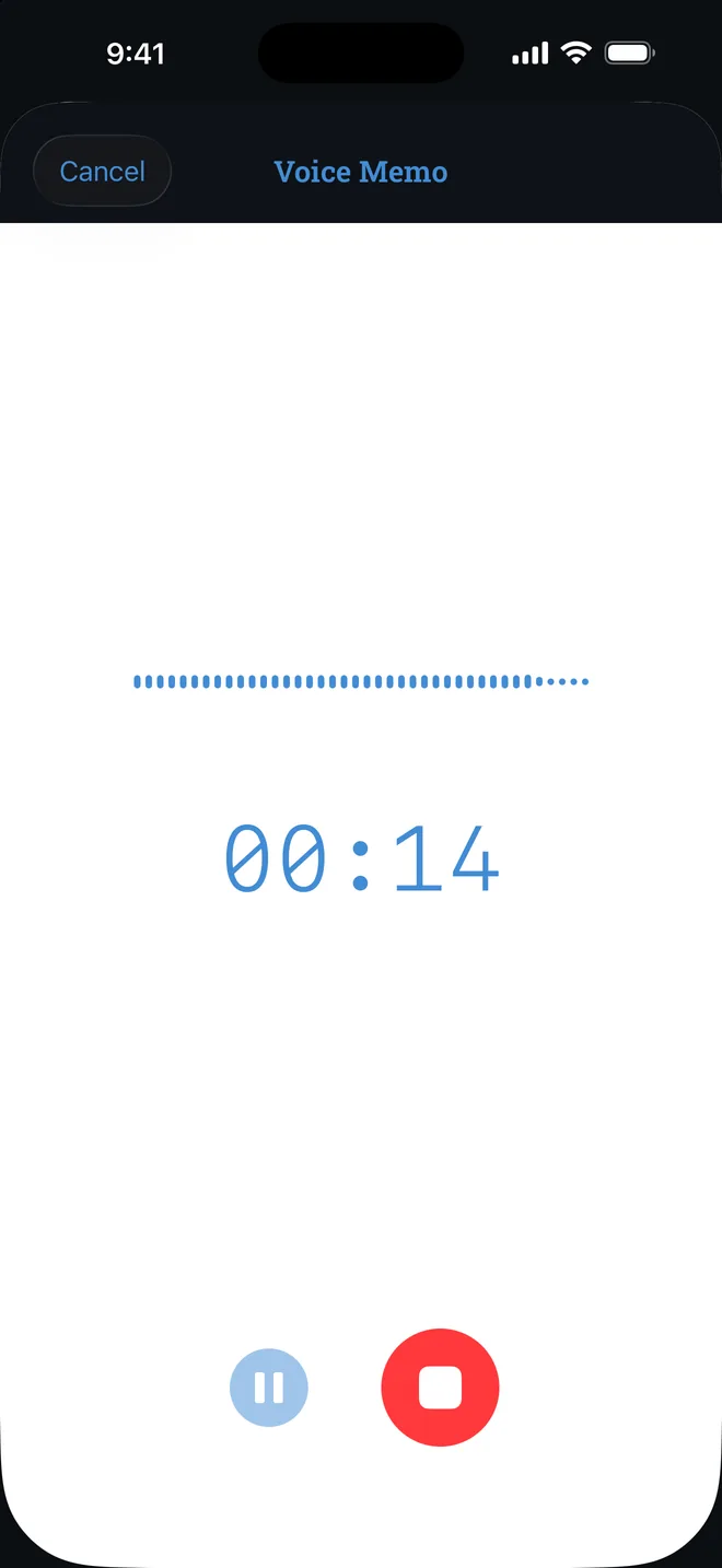 Voice memo recording in progress with a live timer