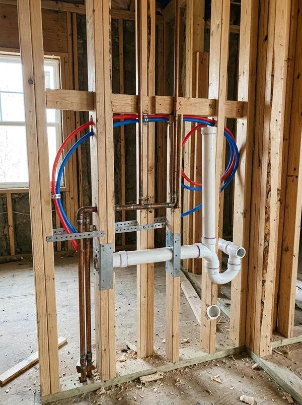 New PEX supply lines and drain stubbed in an open wall