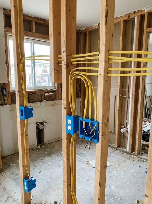 Electrical rough-in with new boxes and cable runs through studs